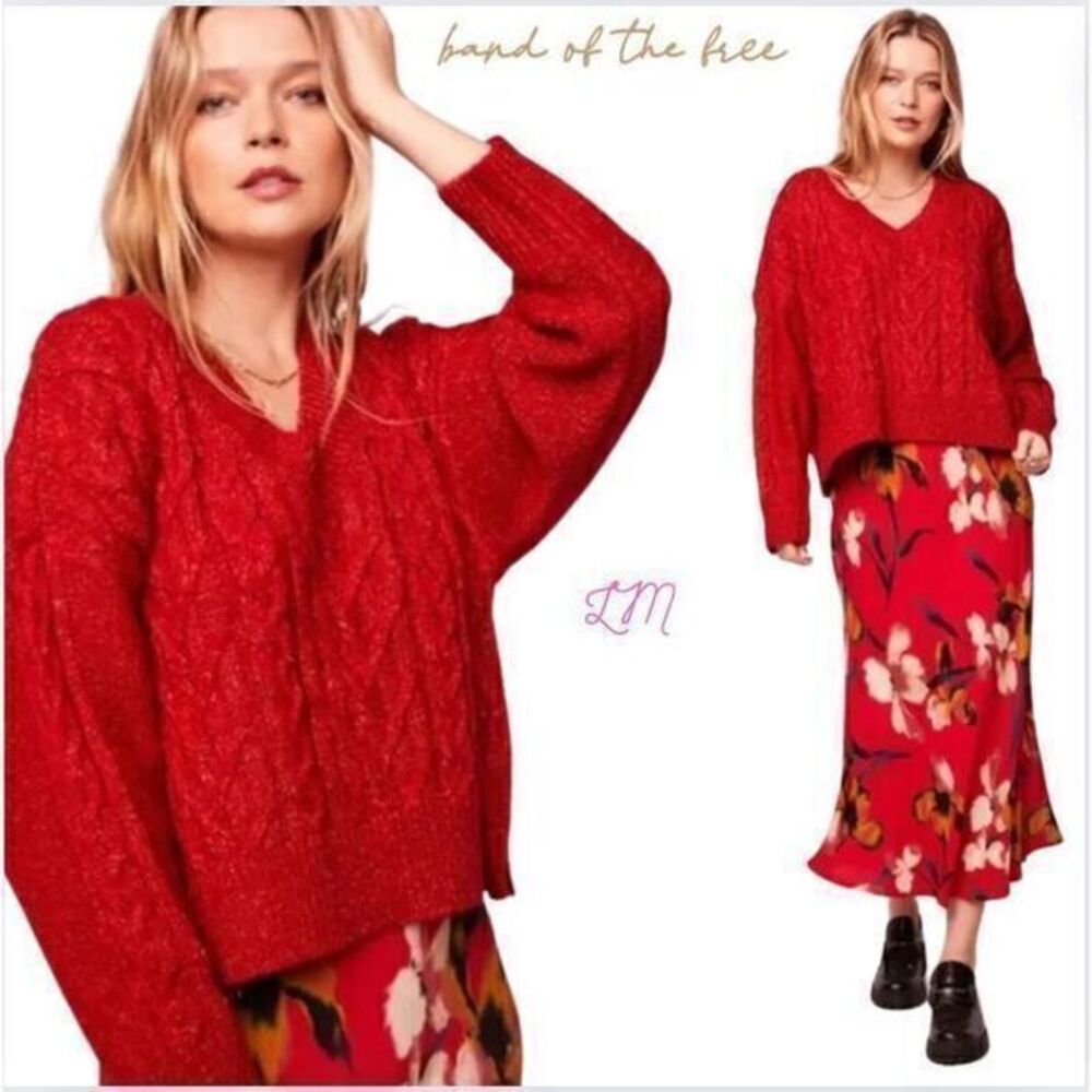Band of the Free BOG Find A Way V‎ Neck Cable Knit Sweater Red Extra Small